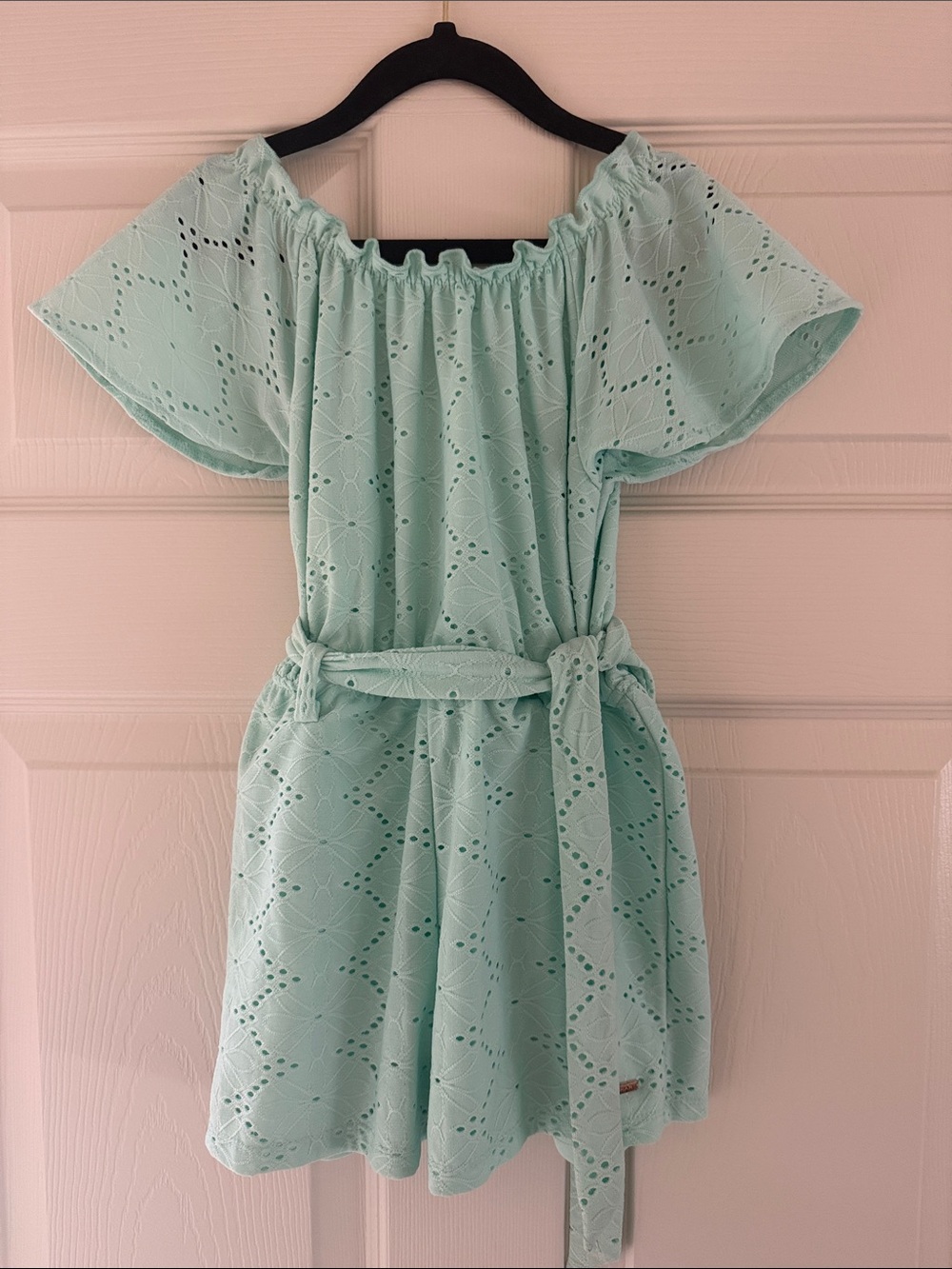 Tahari Girls' Mint Eyelet Off-Shoulder Belted Jumper